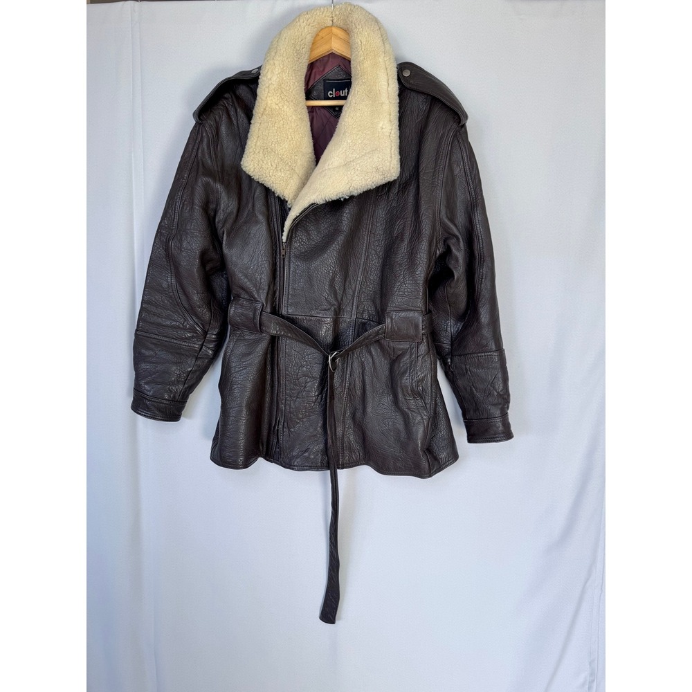 Vintage Clout Dark Brown Leather Removable Shearling Collar Aviator Jacket Large
